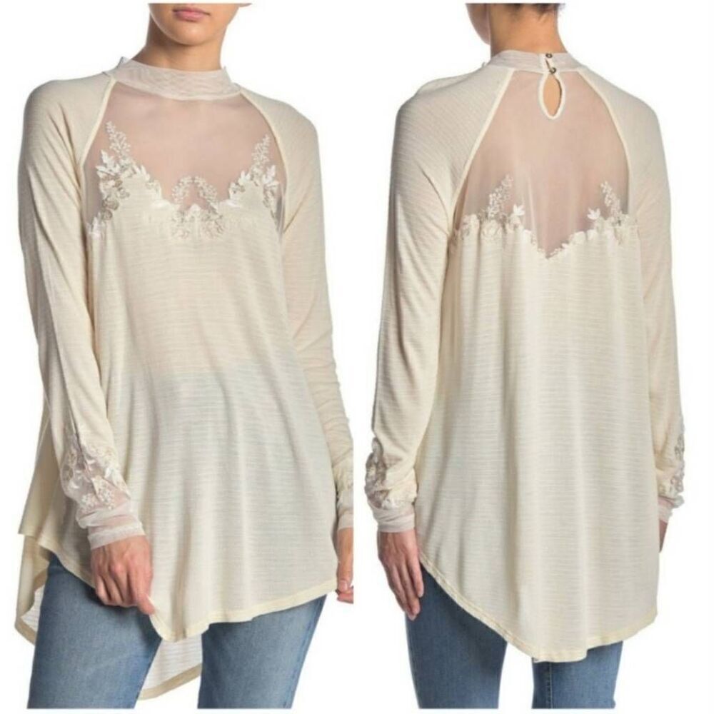 Free People Womens Saheli Tunic Top Cream Small Embroidered Mesh Boho Prairie